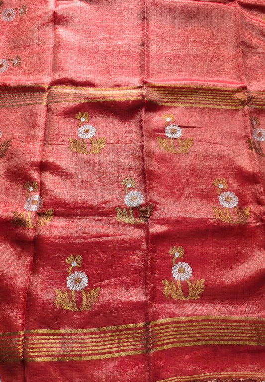 Metallic Orange Jamdani weaving Tissue Linen handloom Saree