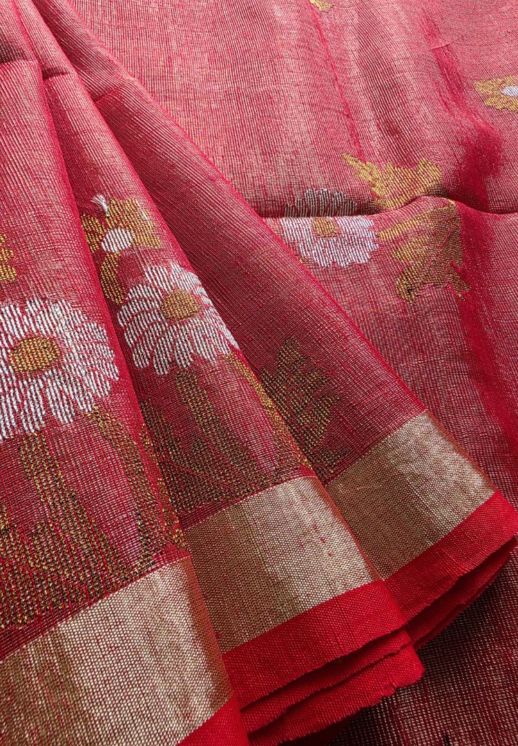 Metallic Orange jamdani weaving Tissue Linen handloom Saree