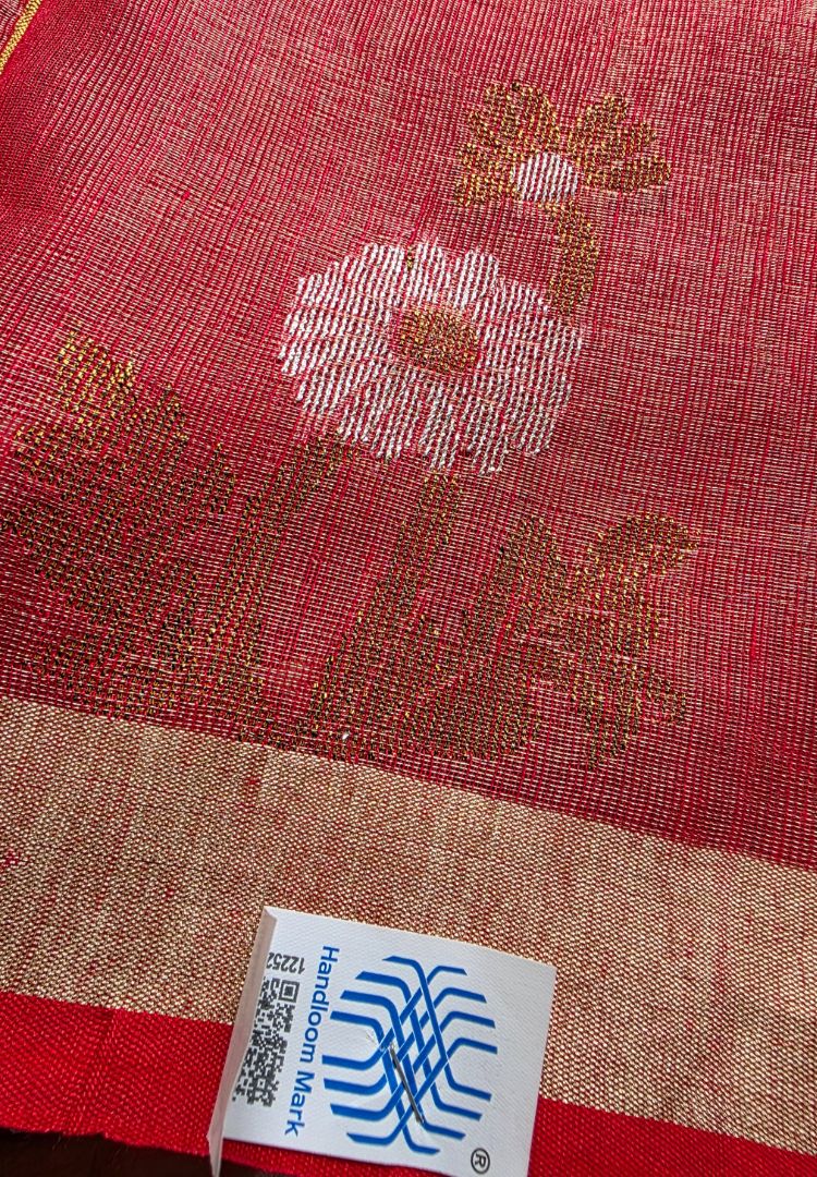 Metallic Orange jamdani weaving Tissue Linen handloom Saree