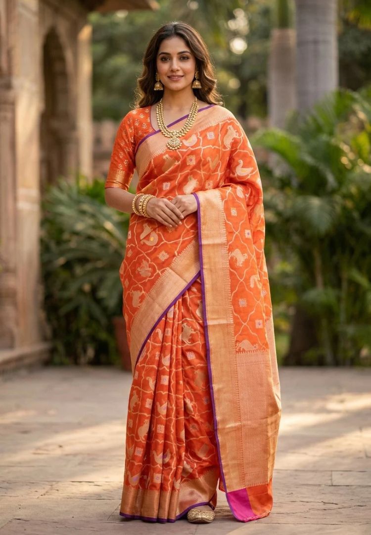 Woman wearing the Vibrant Orange Pichwai zari weaving Kota silk saree - Silk Ethnics