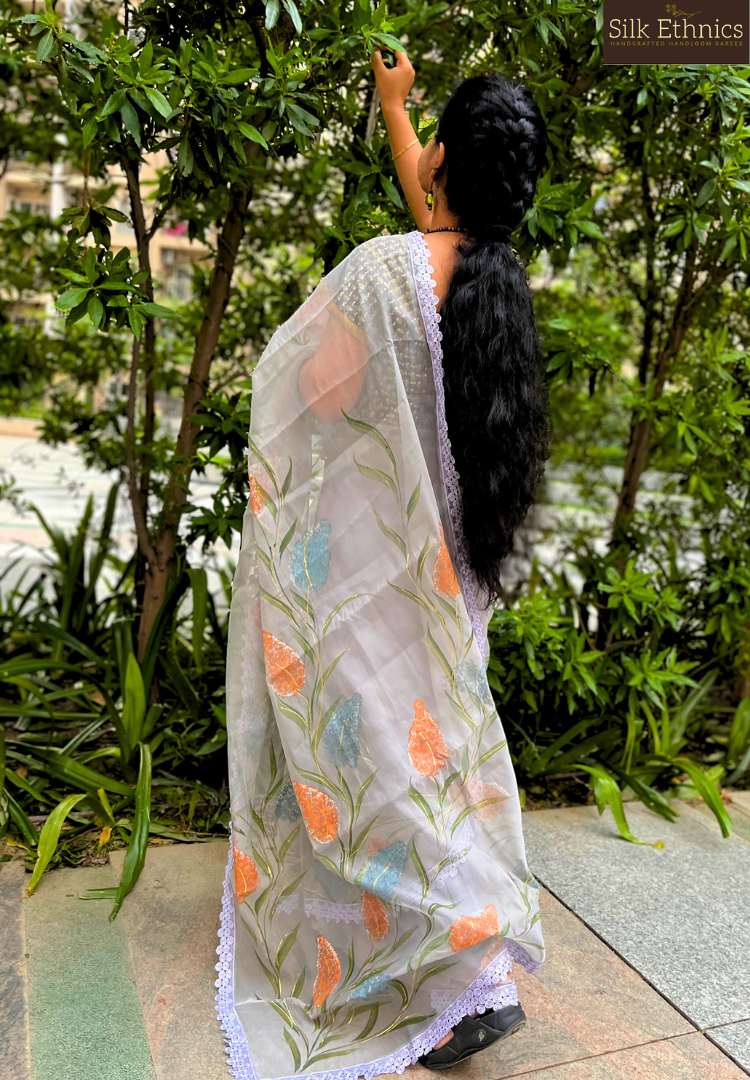 Metal grey handpainted soft organza saree