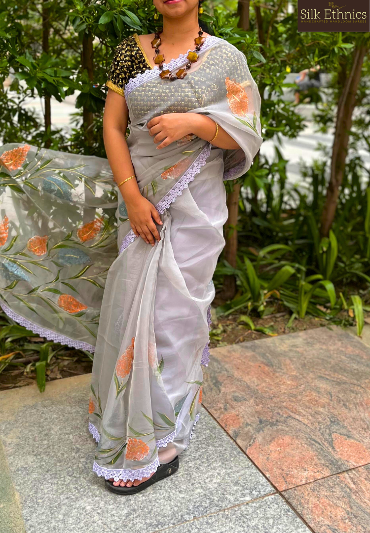 Metal grey handpainted soft organza saree