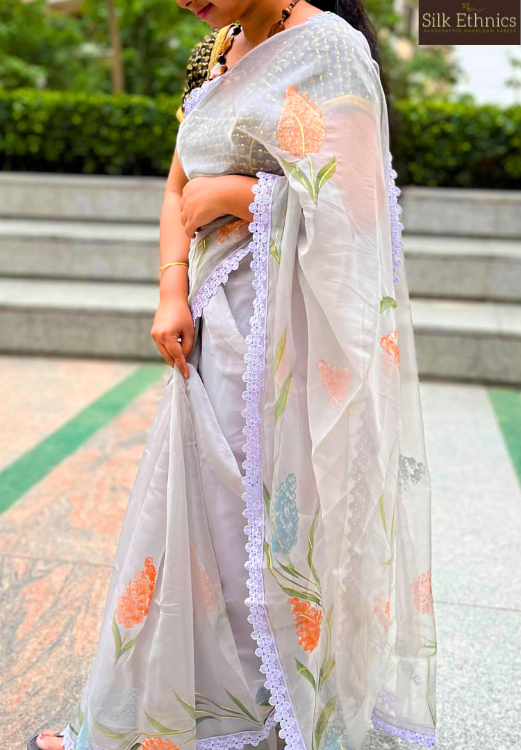 Metal grey handpainted soft organza saree