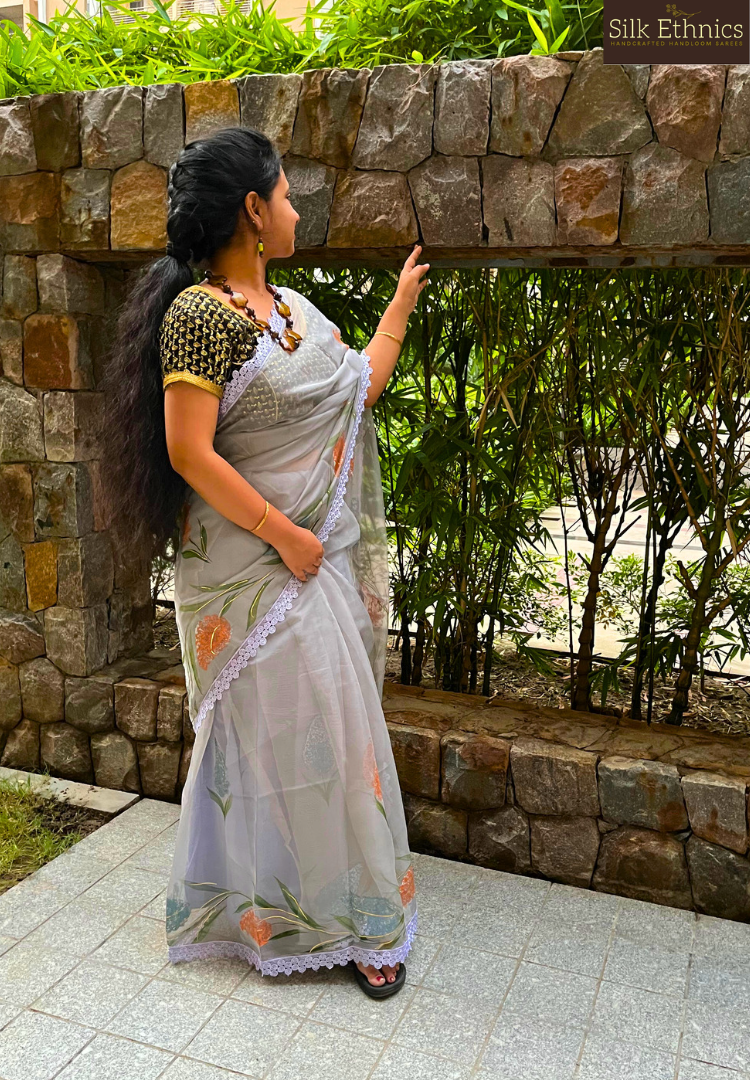 Metal grey handpainted soft organza saree