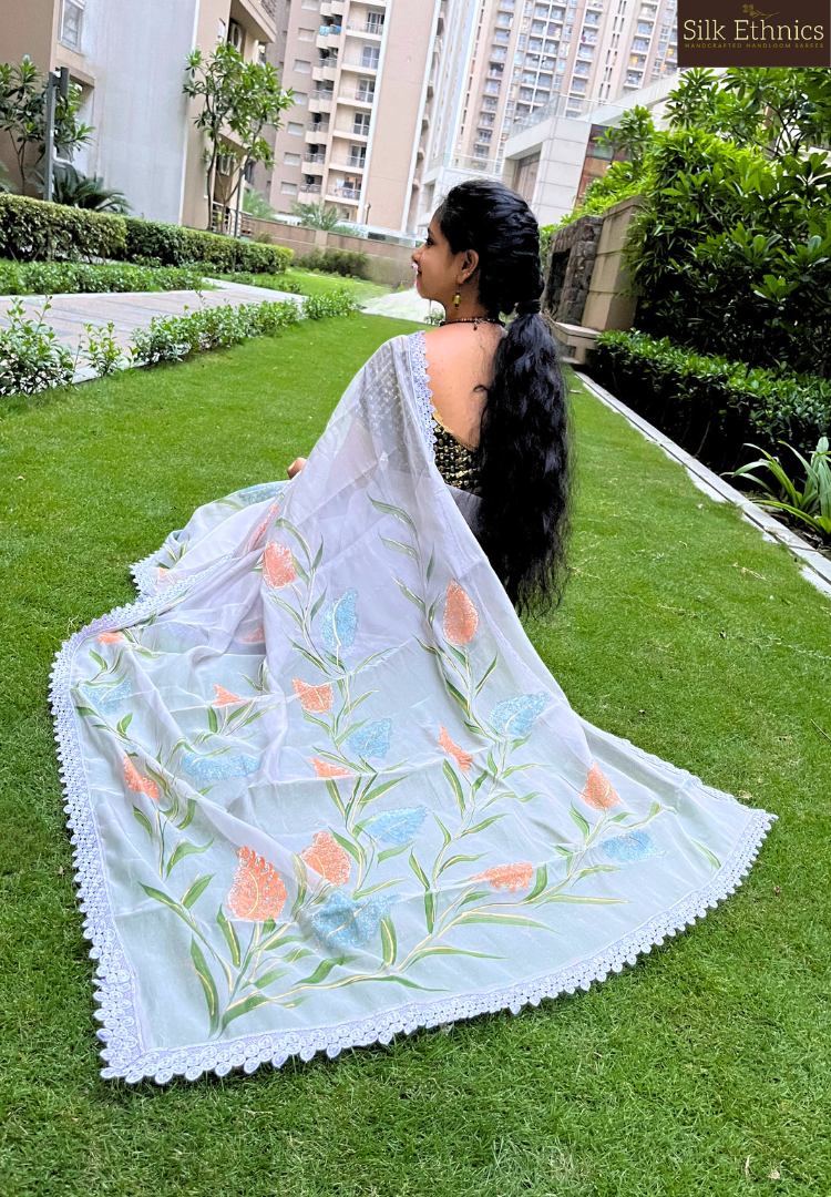 Metal grey handpainted soft organza saree