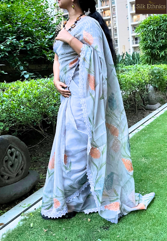 Metal grey handpainted soft organza saree