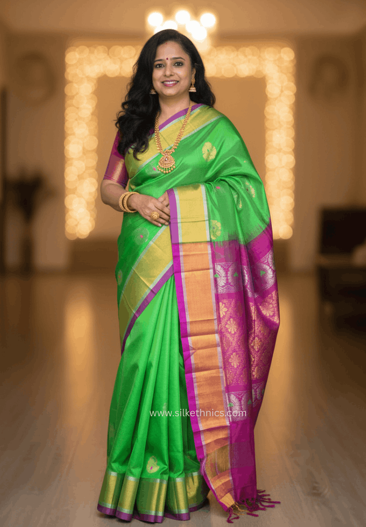 Parrot green pure Mangalagiri silk saree