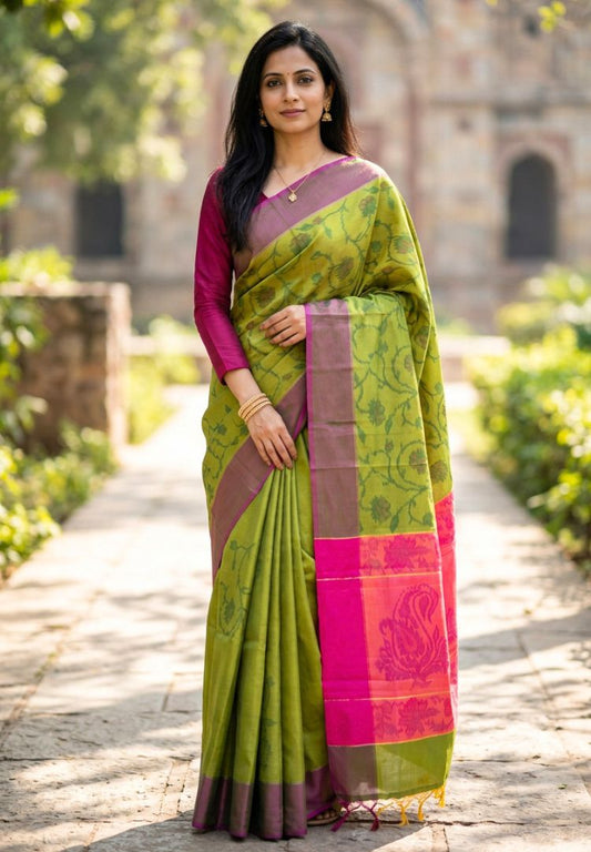 Woman wearing a parrot green Ikkat semi katan silk saree with rani pink pallu and wine border - Silk Ethnics