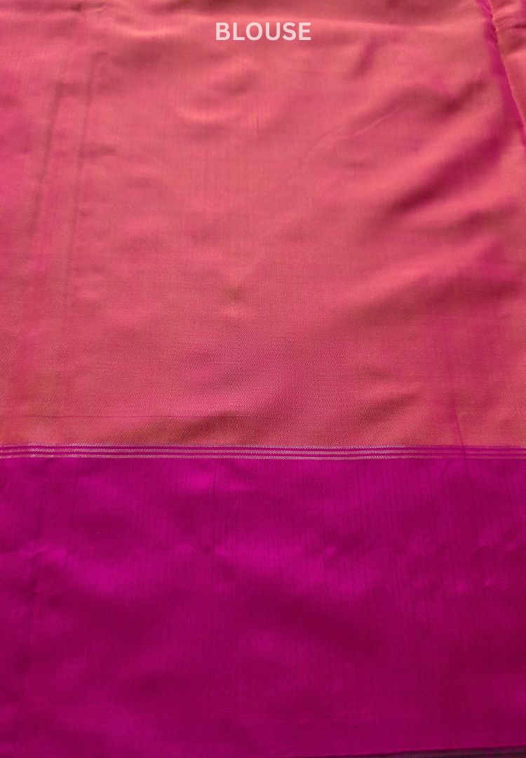 Attached rani pink blouse piece with contrast border for an Ikkat semi katan silk saree - Silk Ethnics