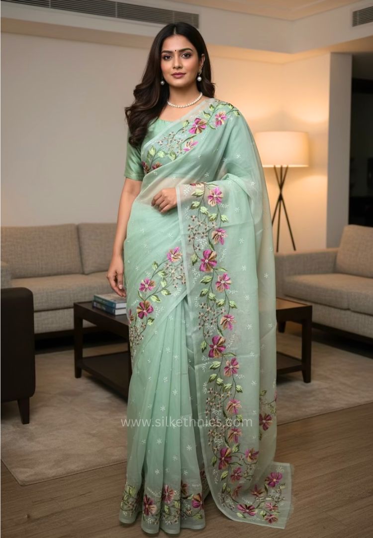 Pastel green Gul bahaar organza saree
