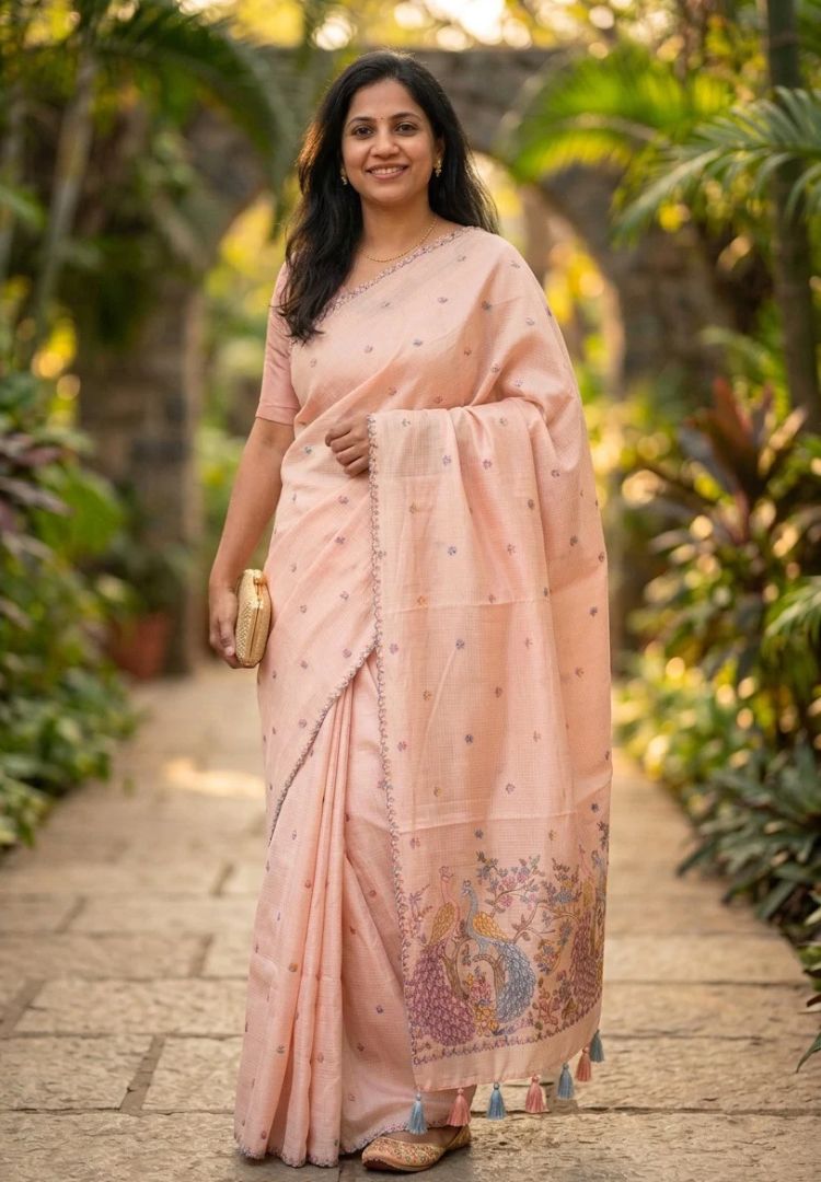 Woman wearing the Pastel Peach Gulbahar peacock hand embroidered soft Kota saree - Silk Ethnics