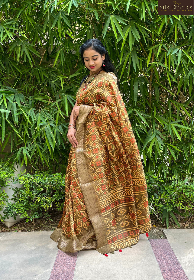 Pastel brown soft silkcotton designer saree