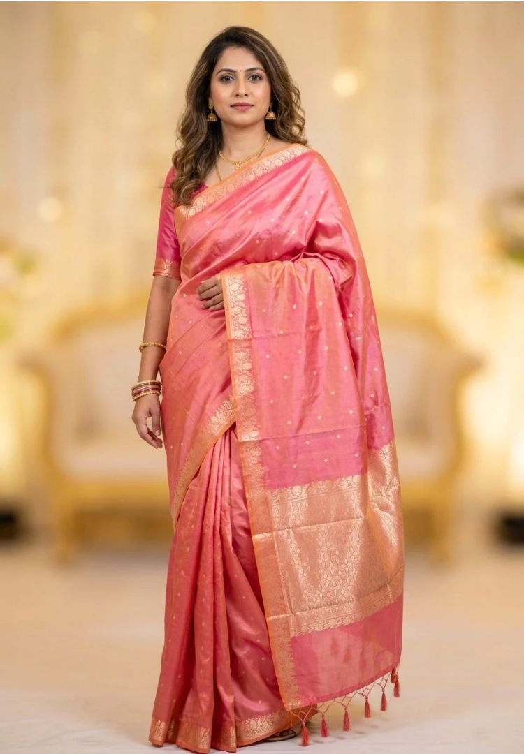 Dual tone Peach pure Banarasi Katan silk saree (Silk Mark)