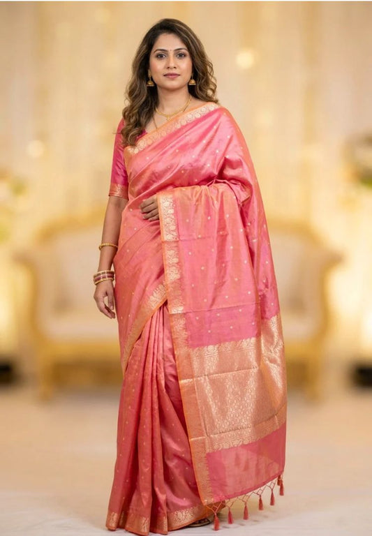 Dual tone Peach pure Banarasi Katan silk saree (Silk Mark)