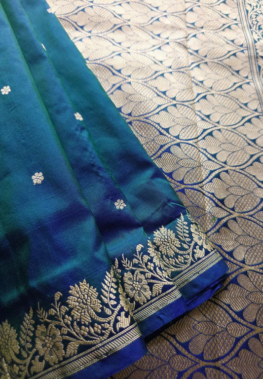 Peacock Blue Green Banarasi Katan silk saree (Silk Mark)