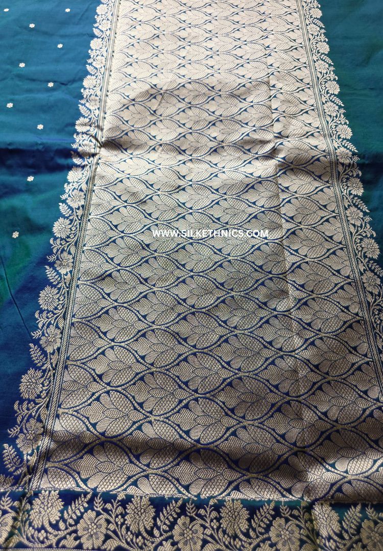 Peacock Blue Green Banarasi Katan silk saree (Silk Mark)