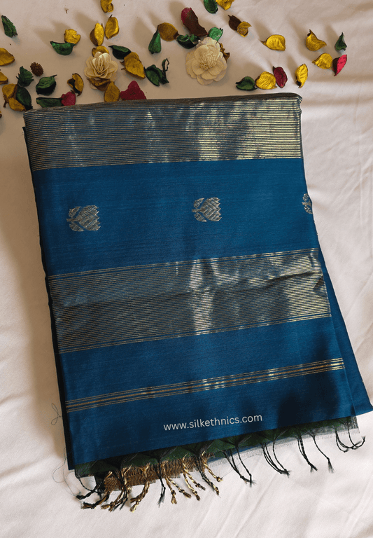 Teal Blue Maheshwari Pure Handloom Silk saree