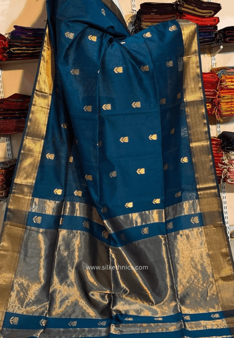 Teal Blue Maheshwari Pure Handloom Silk saree