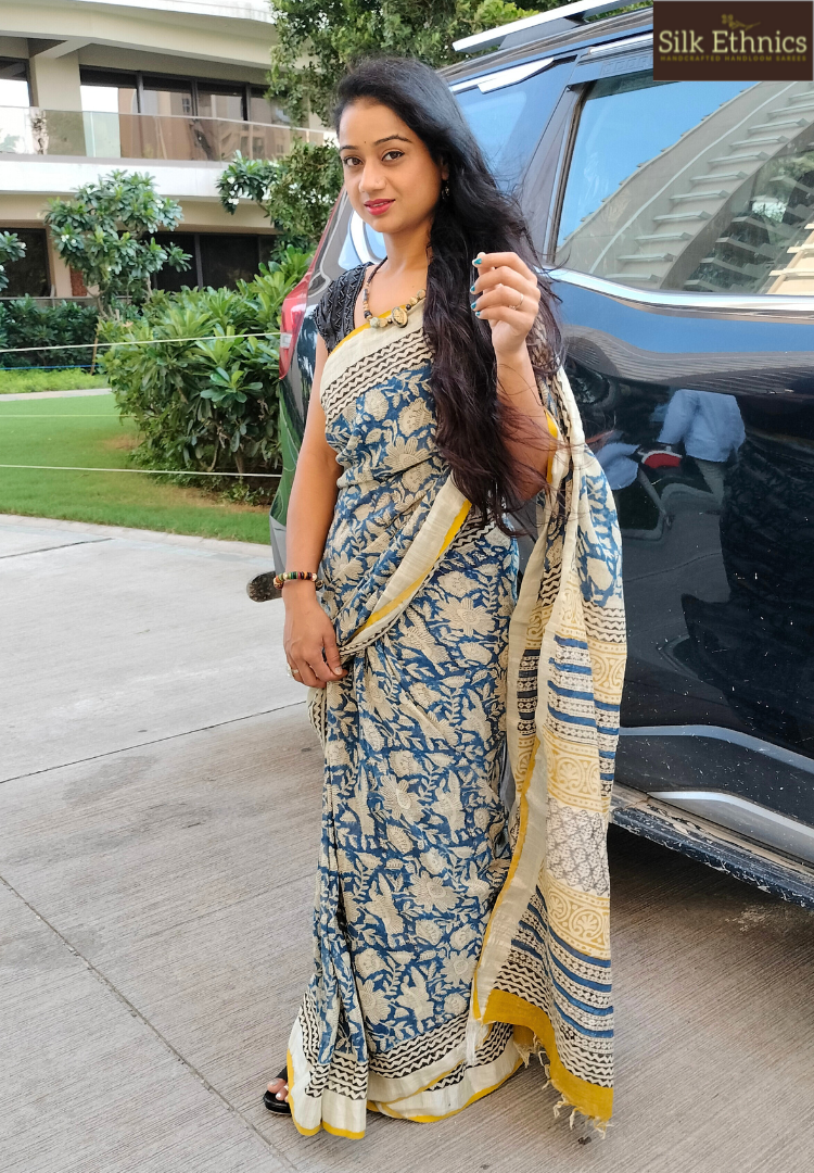 Cobalt blue floral printed Linen saree