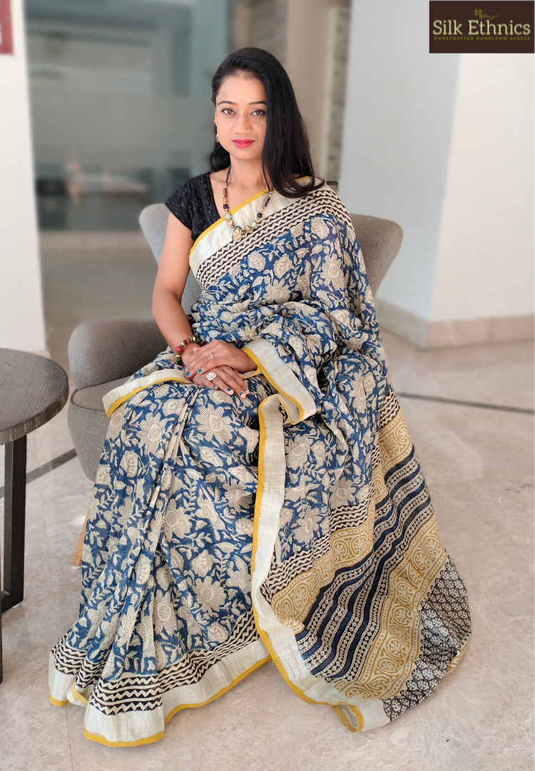 Cobalt blue floral printed Linen saree