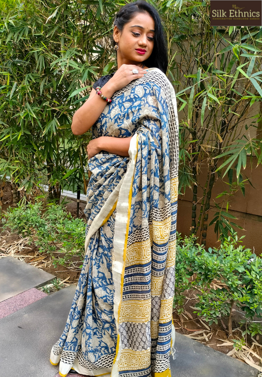 Cobalt blue floral printed Linen saree