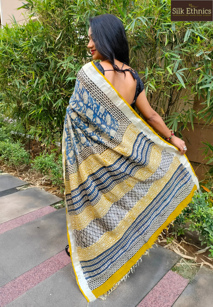 Cobalt blue floral printed Linen saree