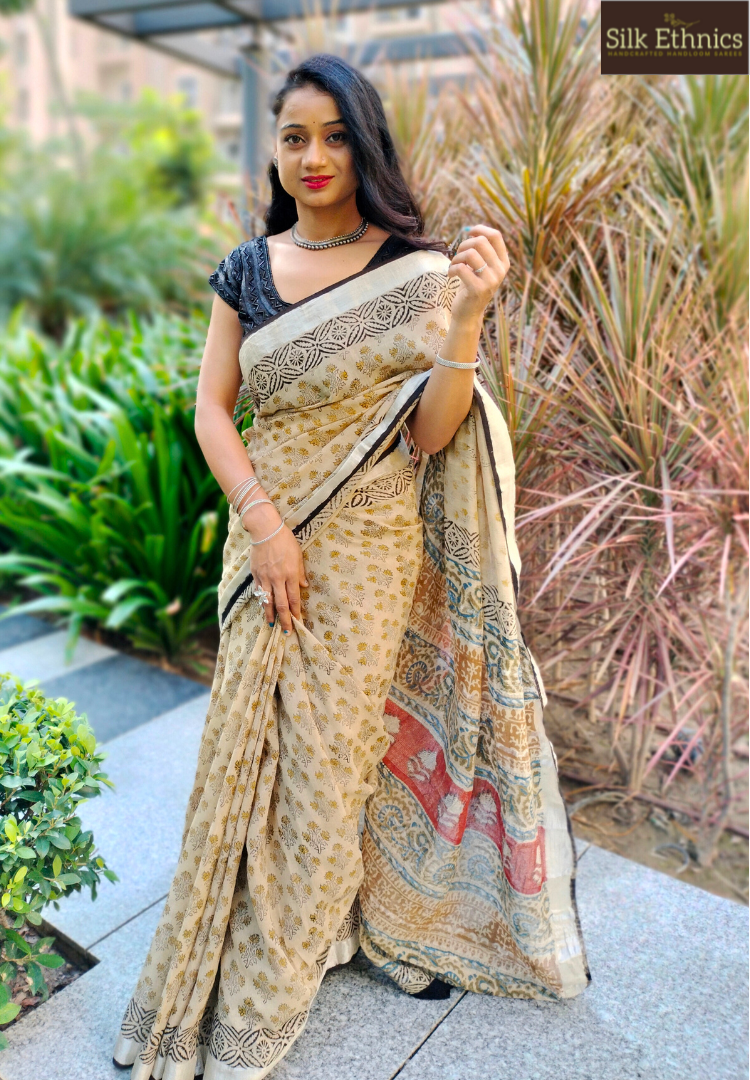 Foil Printed Linen Cotton Saree in Black : STS7489