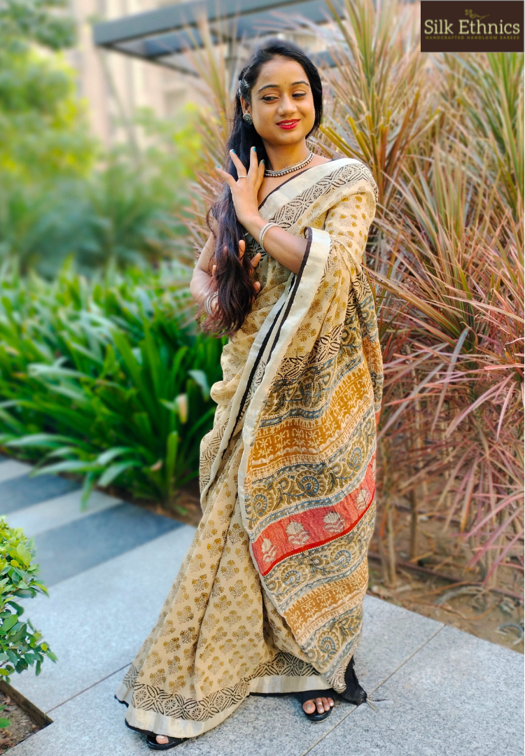 Pastel brown Linen cotton saree