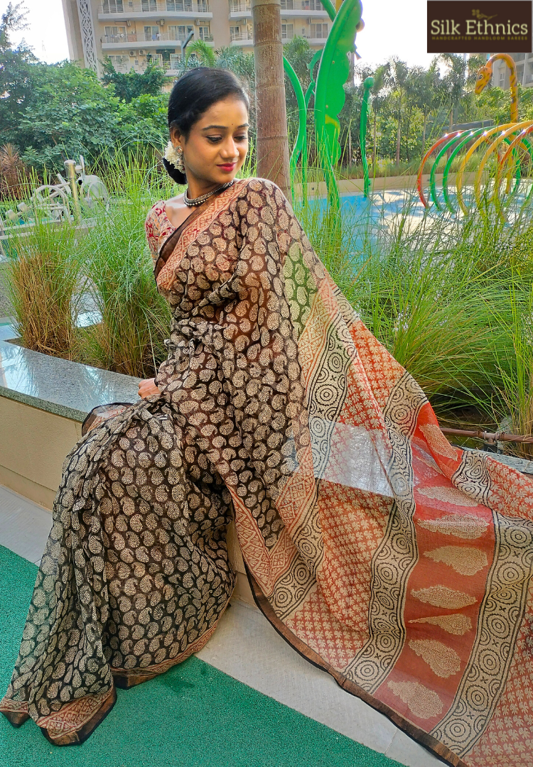 Earth Brown hand blockprinted Kota Doriya saree