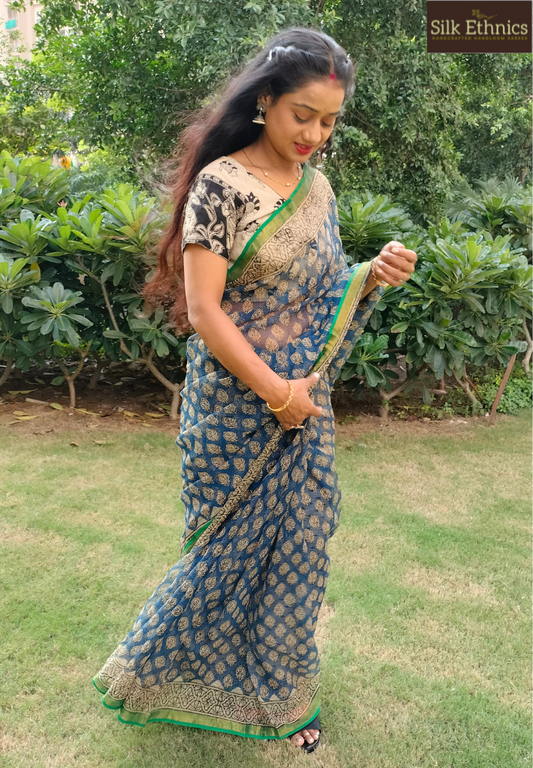 Indigo blue and green Kota Doriya saree