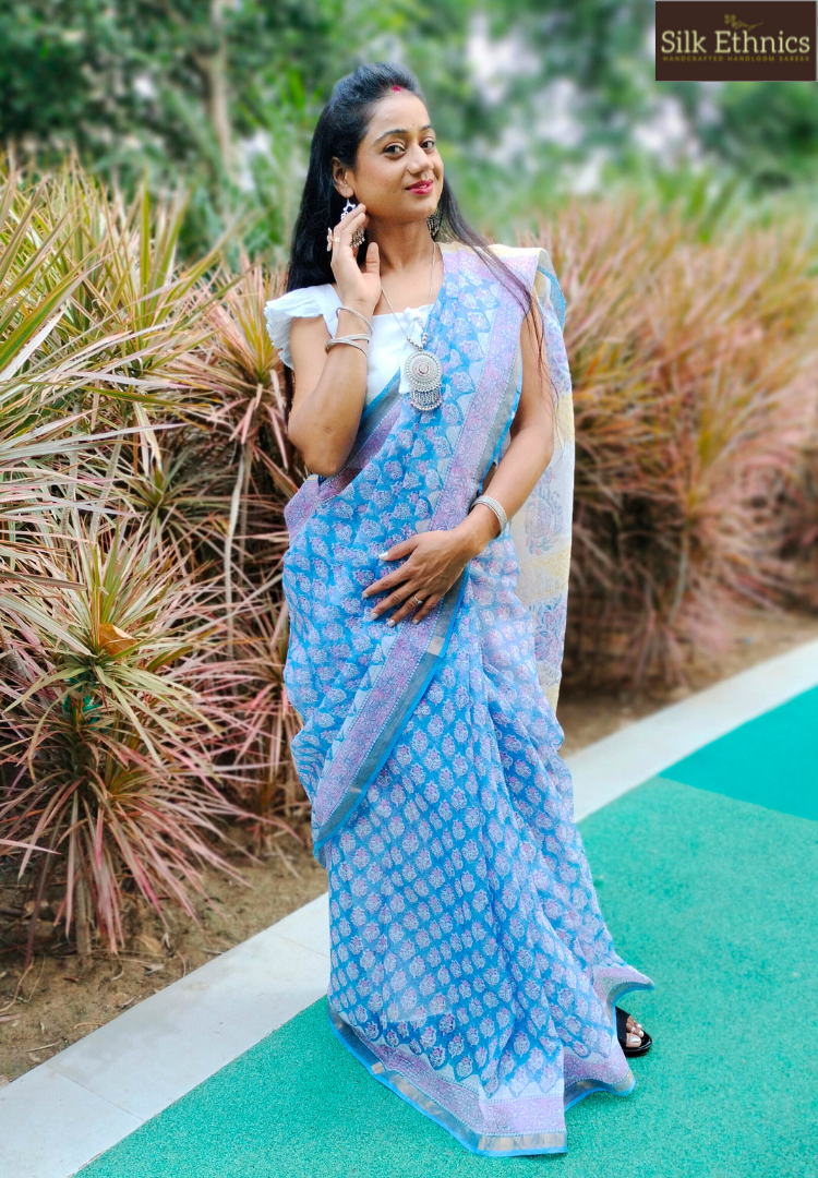 Sky blue pure cotton Kota Doriya saree