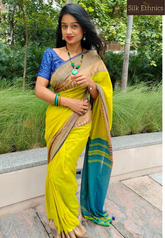 Lime green temple border saree