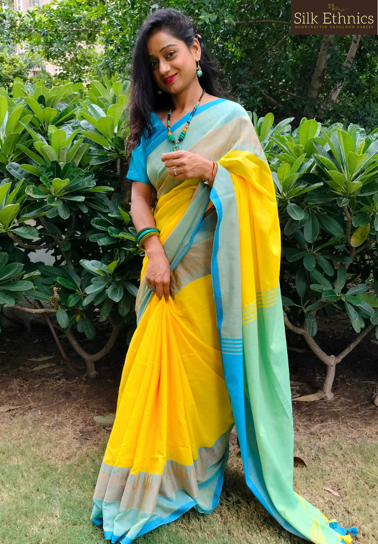 Sunshine Yellow temple border saree