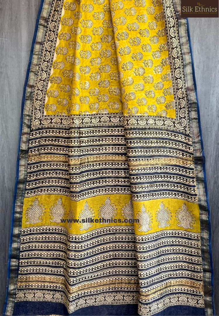 Sunshine yellow Maheswari silk saree