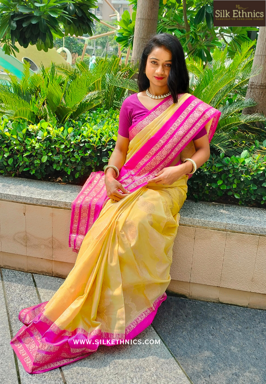 Daffodil yellow semi georgette Banarasi silk saree