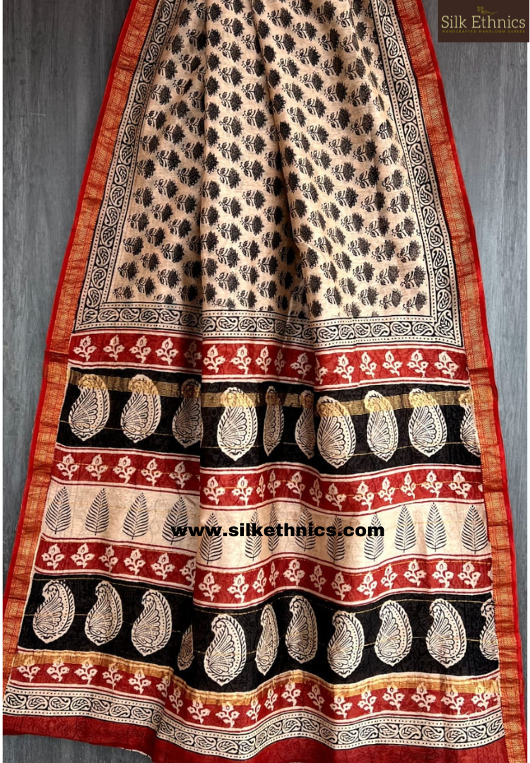 Beige and red Maheswari silk saree