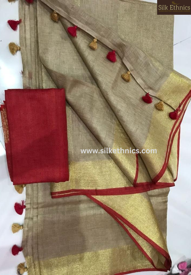 Beige and Red Varnika Linen saree