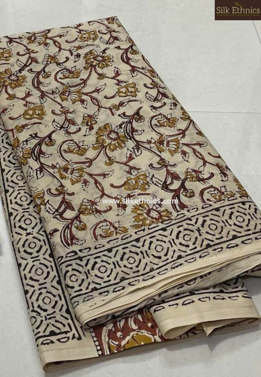 Honey beige blockprinted mulcotton saree