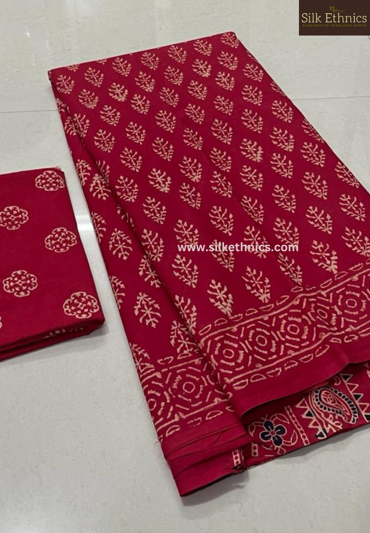 Vibrant red blockprinted mulcotton saree