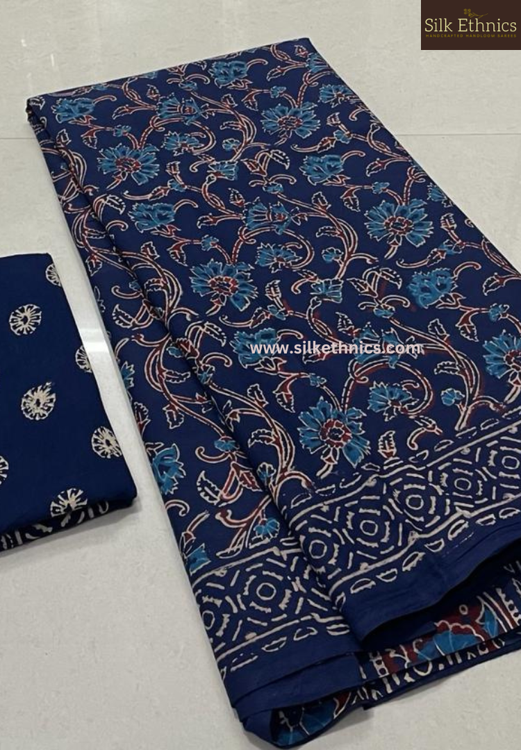 Indigo blue blockprinted mulcotton saree