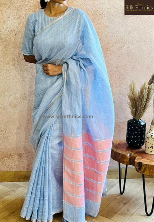 Powder blue and pink Varnika linen saree