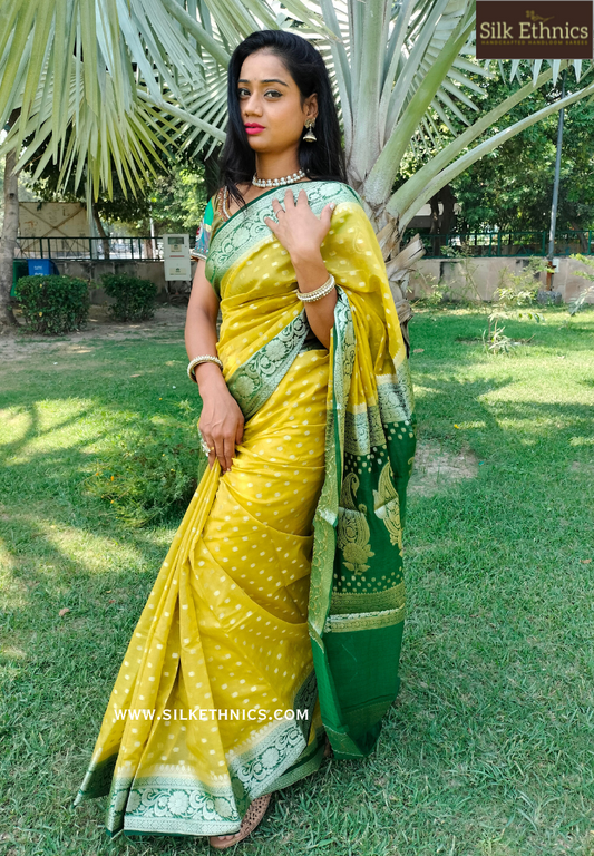 Golden yellow Georgette Banarasi silk saree