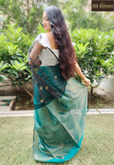 Peacock green half matka muslin saree