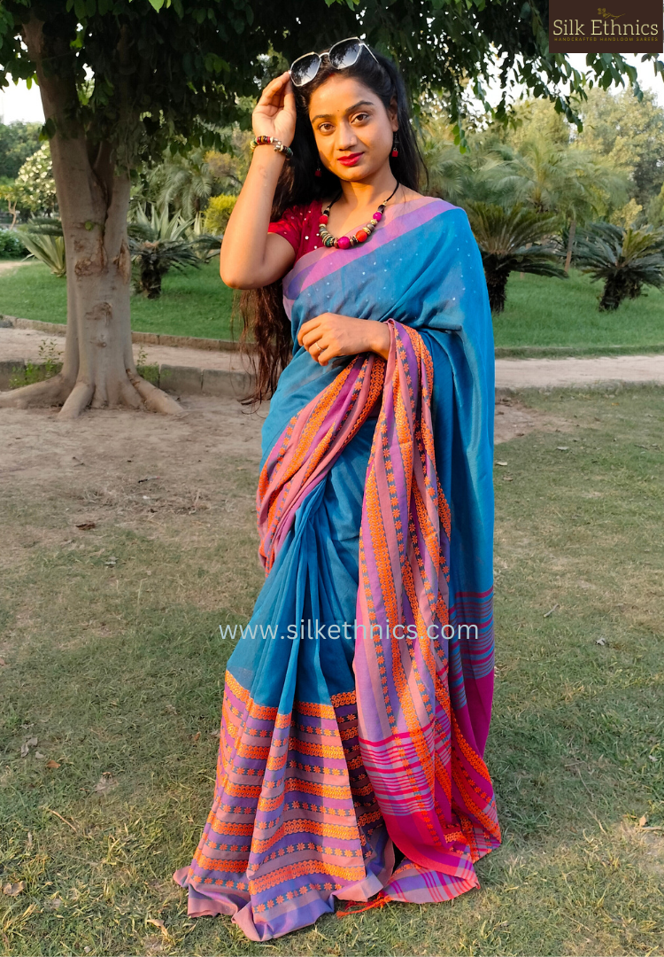 Cobalt blue temple thread border saree