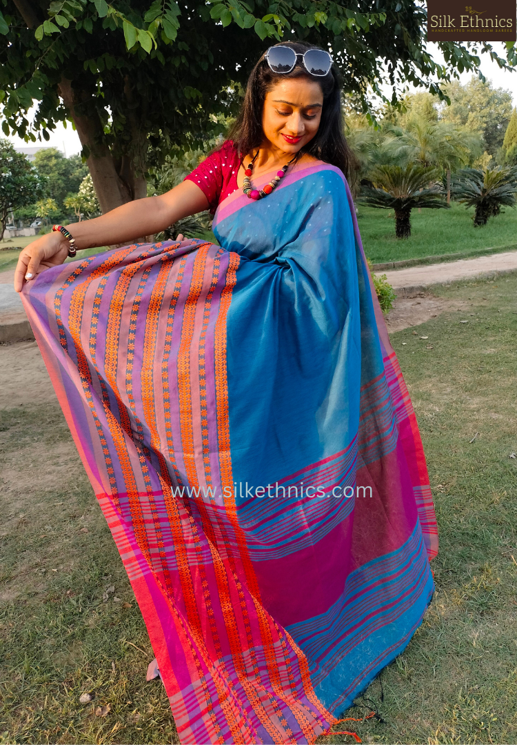 Cobalt blue temple thread border saree