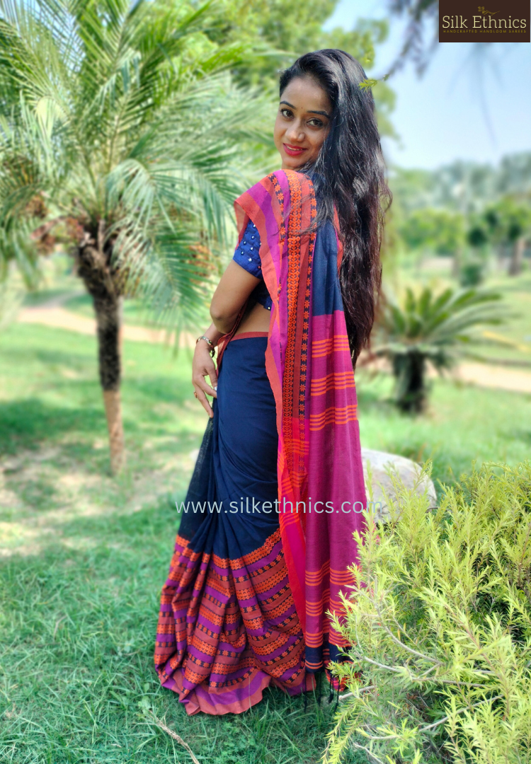 Royal blue temple thread border saree