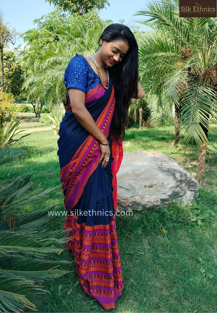 Royal blue temple thread border saree