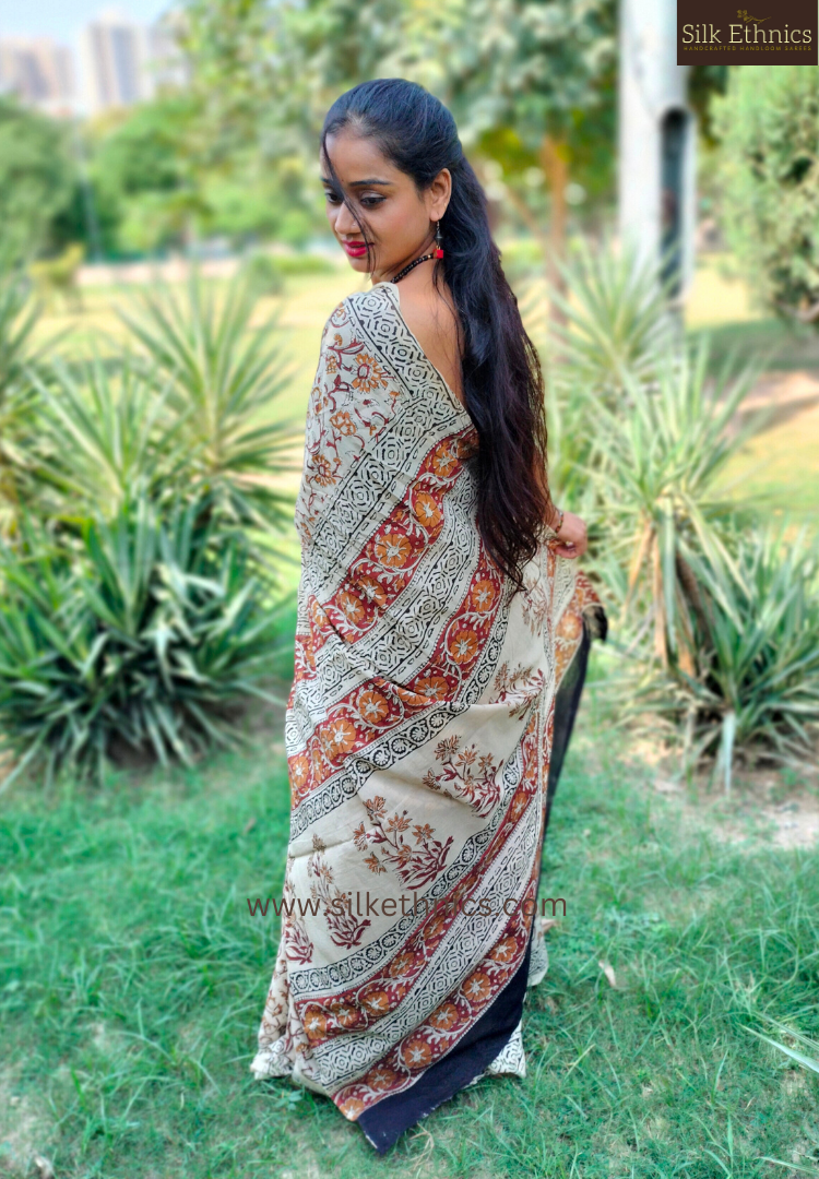 Honey beige blockprinted mulcotton saree