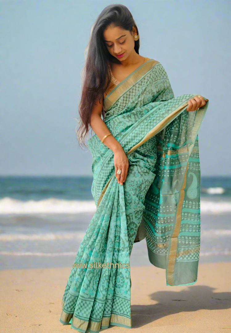 Aqua green Maheswari silk saree