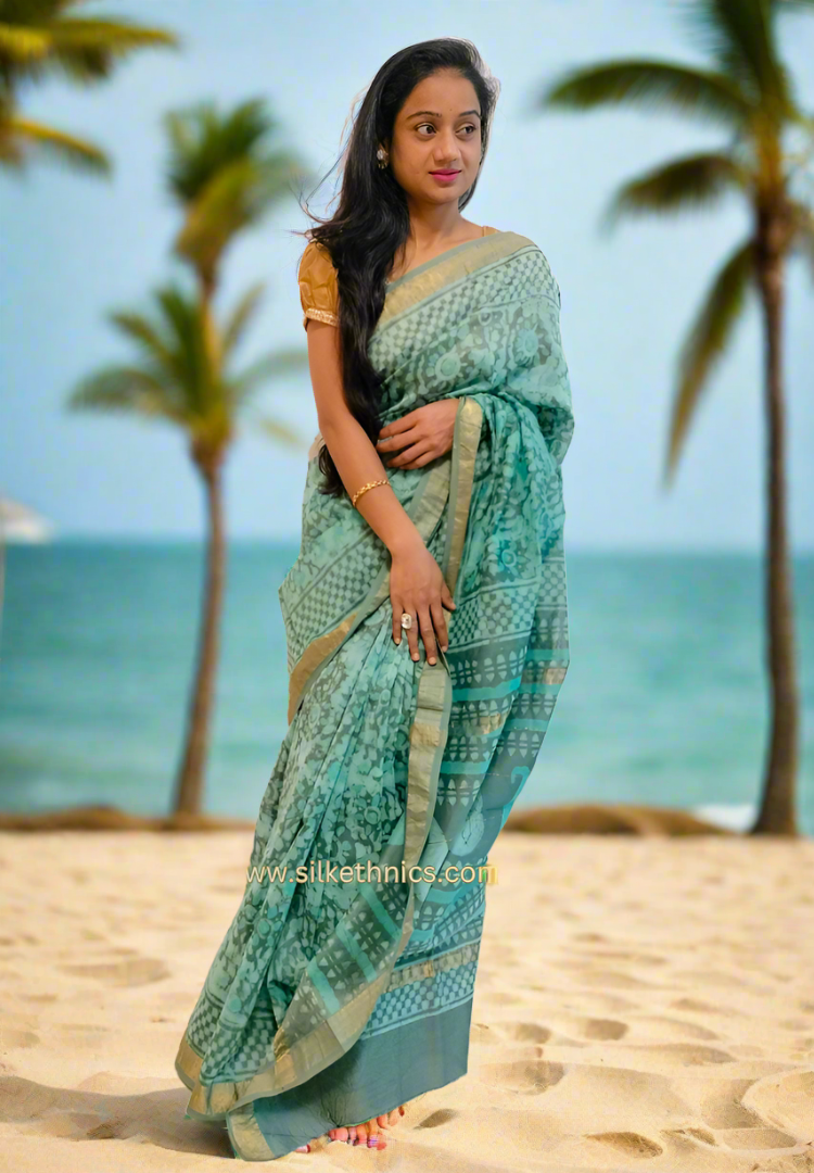 Aqua green Maheswari silk saree